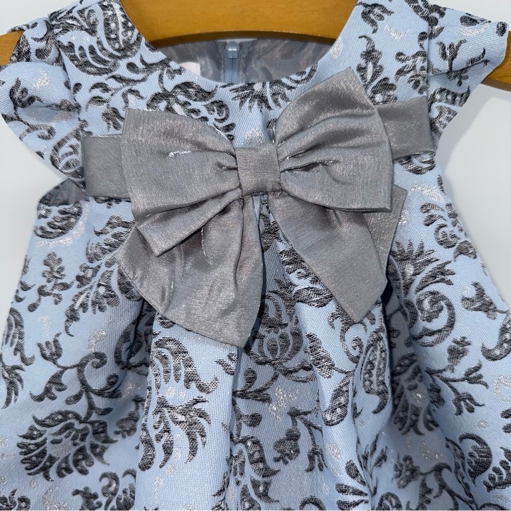 Bonnie Baby Tapestry Silver and Blue Floral Baby Dress with Bow - Picture 3 of 5